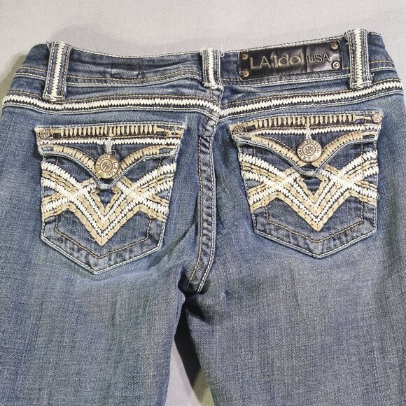 L.A. idol USA jeans flare women's size 3 W28/L34 distressed hard washed blue - Picture 4 of 16